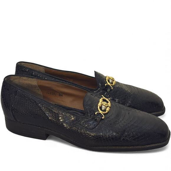 Giorgio Brutini Mens Black Snakeskin Loafers Size 9 Gold Lion Medallion Vintage - Picture 2 of 14